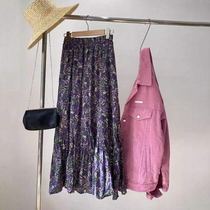 【ボトムス】春夏 ワイドシルエット ギャザー入り ハイウエスト Aライン 小花柄スカート【SHシリーズ】