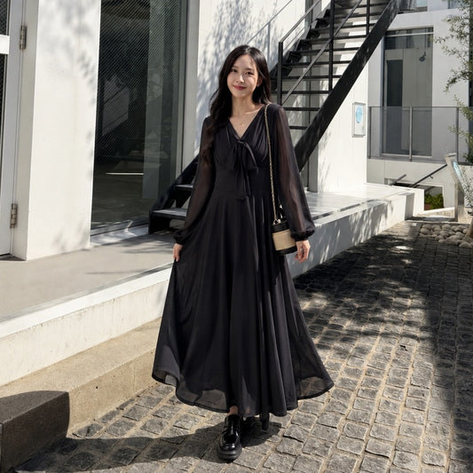 【ワンピース】フレンチ Vネック 着痩せ ロング丈 黒ワンピース 【JZシリーズ】