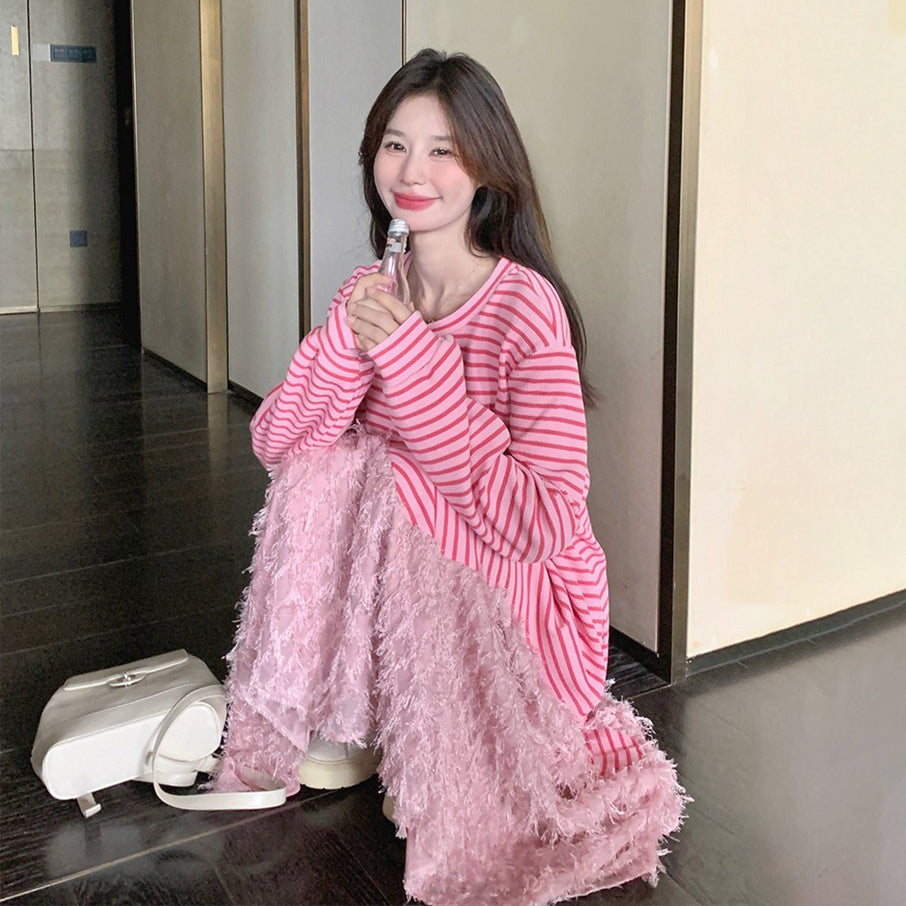 【ワンピース】トレンド切り替え ピンクストライプ 長袖ワンピース  フェイクレイヤード マーメイドスカート カジュアル スウェットワンピ 【SHシリーズ】