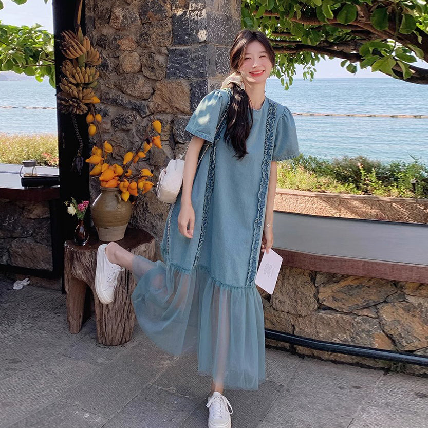 【ワンピース】クール系ハイセンス 配色デザイン デニム切替 半袖ワンピース【SHシリーズ】