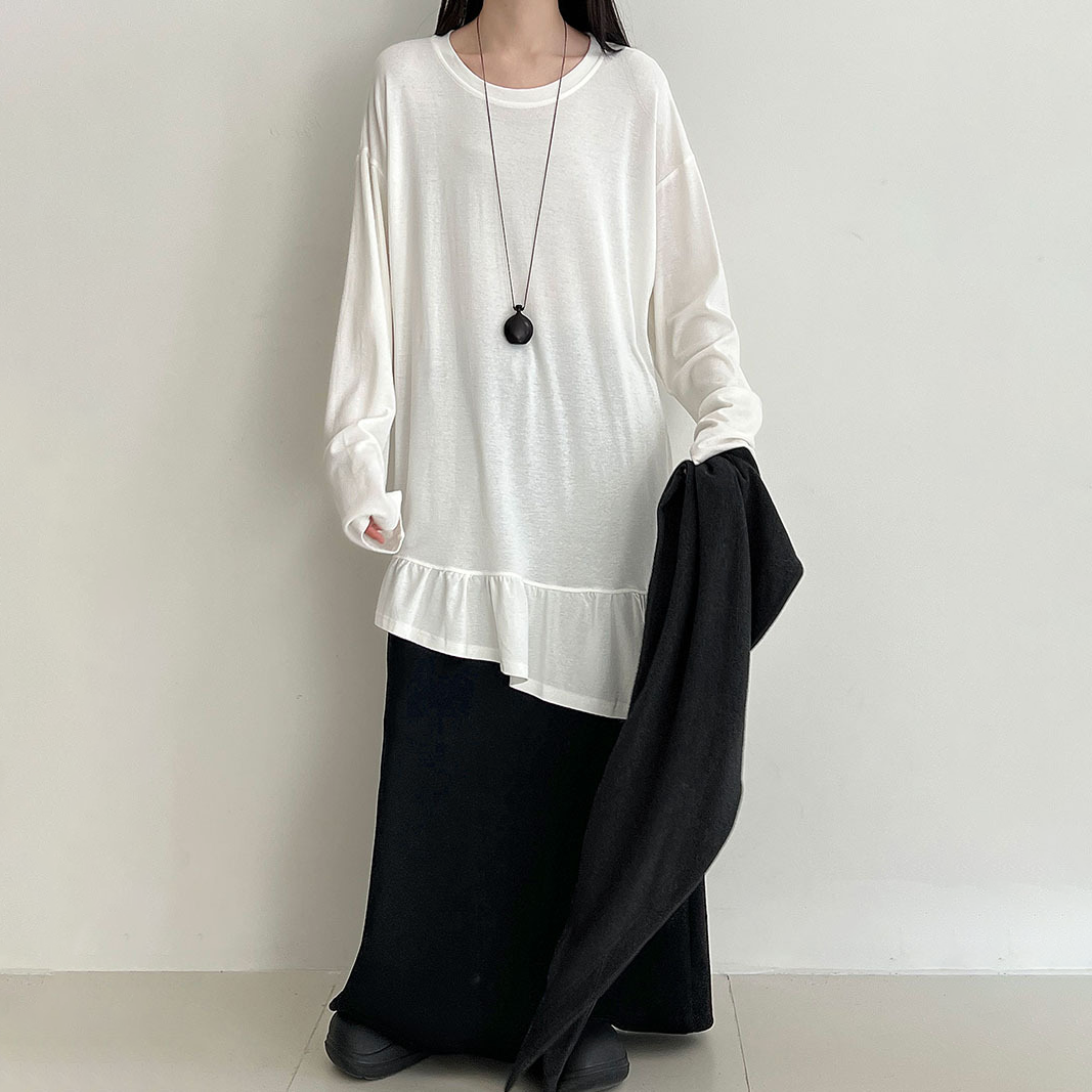 【トップス】韓国風 切替 ドレープ感 フリルデザイン Tシャツ 早春新作 長袖 デザイン感【JZシリーズ】