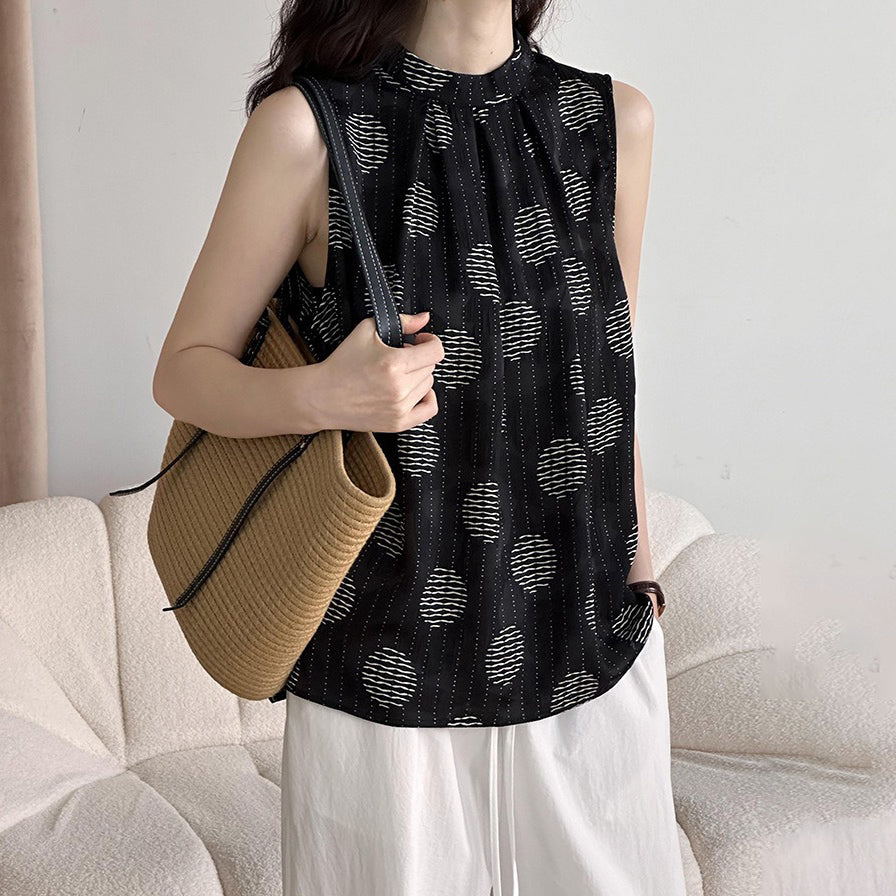 【トップス】夏新作 ファッションラウンドネック ドット柄 ゆったり 着痩せ 気品あふれる ノースリーブシャツ【JZシリーズ】【SHシリーズ】