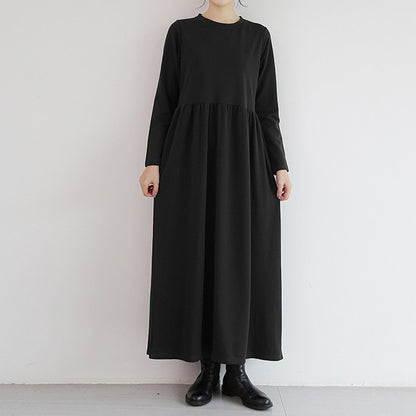 【24AW】【ワンピース】4color 無地 レトロ ラウンドネック ゆったり 長袖ワンピース