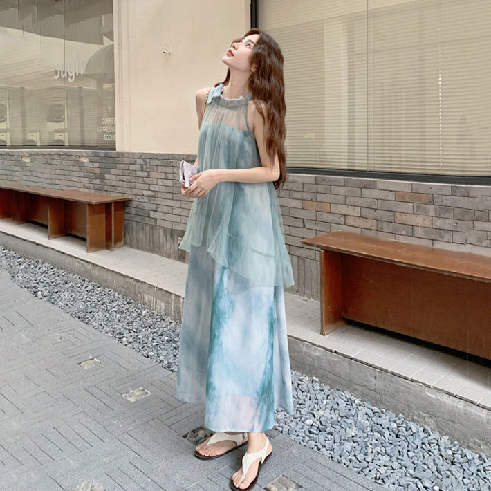 【ワンピース】夏  フレンチ風 タイダイ柄 森系 メッシュパッチワーク ノースリーブワンピース【SHシリーズ】