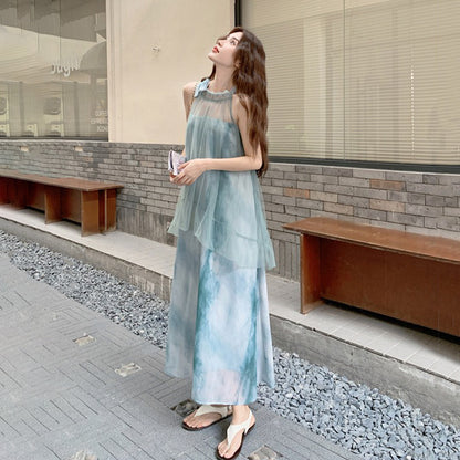 【ワンピース】夏  フレンチ風 タイダイ柄 森系 メッシュパッチワーク ノースリーブワンピース【SHシリーズ】