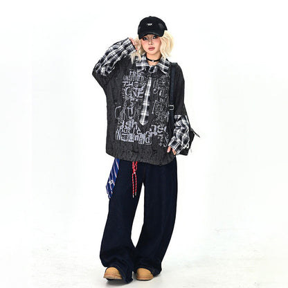 【トップス】春新作 フェイクレイヤード チェック柄ポロシャツ オーバーサイズ BFスタイル ユニセックス Ｔシャツ【FCシリーズ】