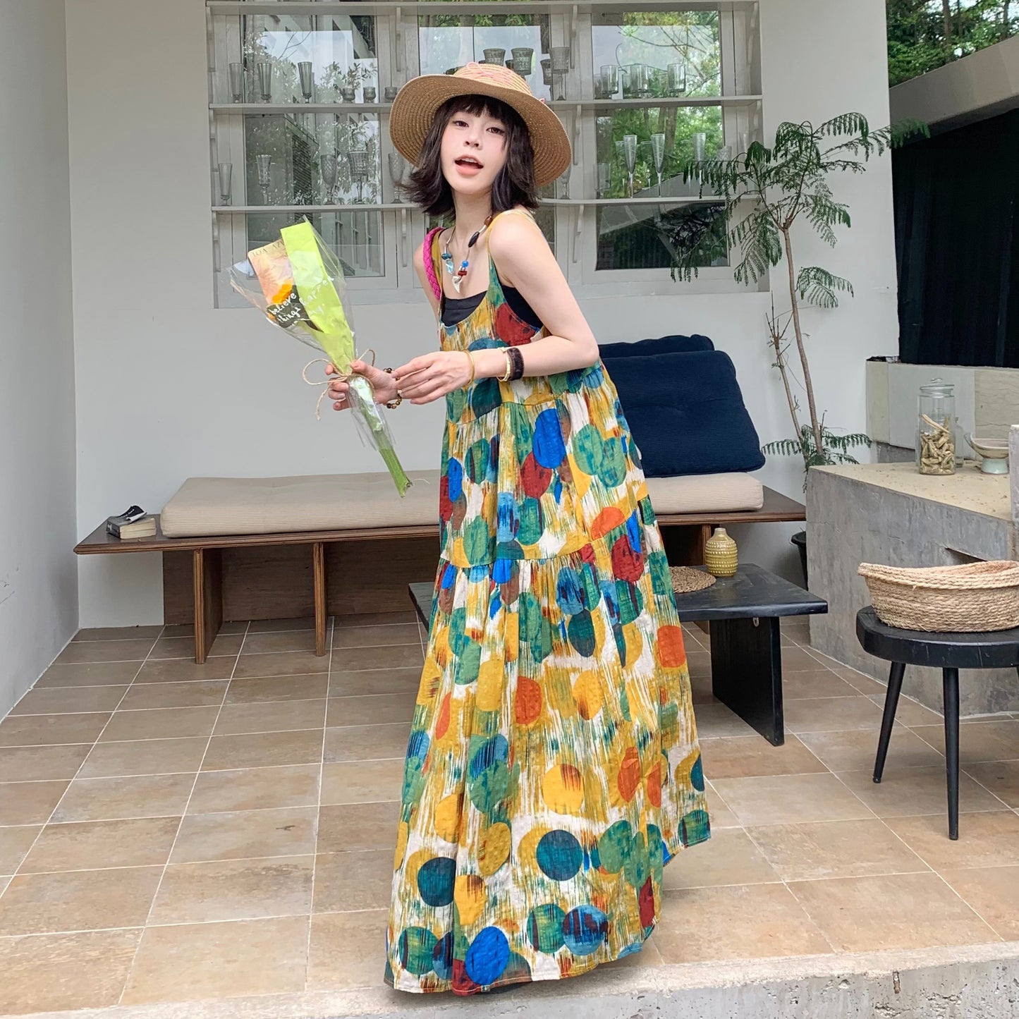 🚀 大人気商品【ワンピース】アート油絵風 ゆったりレトロ 着痩せ効果 ノースリーブワンピース【SHシリーズ】