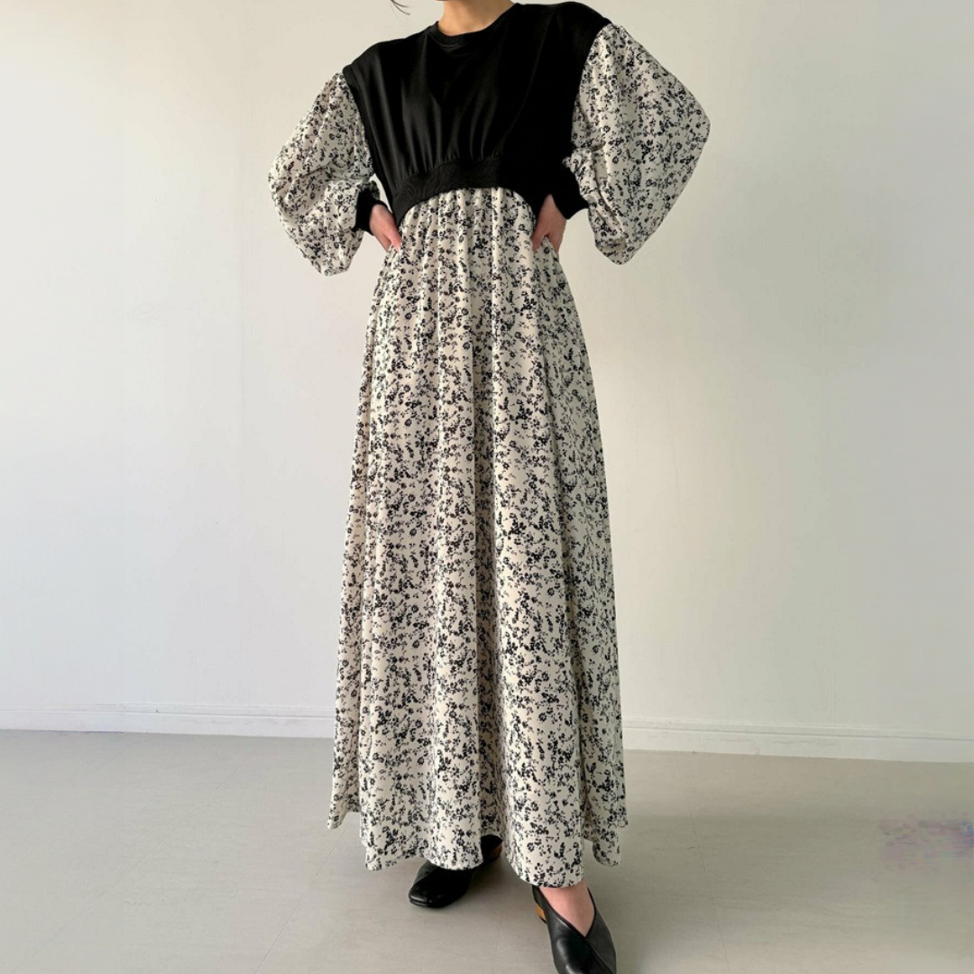 【ワンピース】春 秋 冬 切り替え シフォン ロング 長袖 ワンピース 【JZシリーズ】