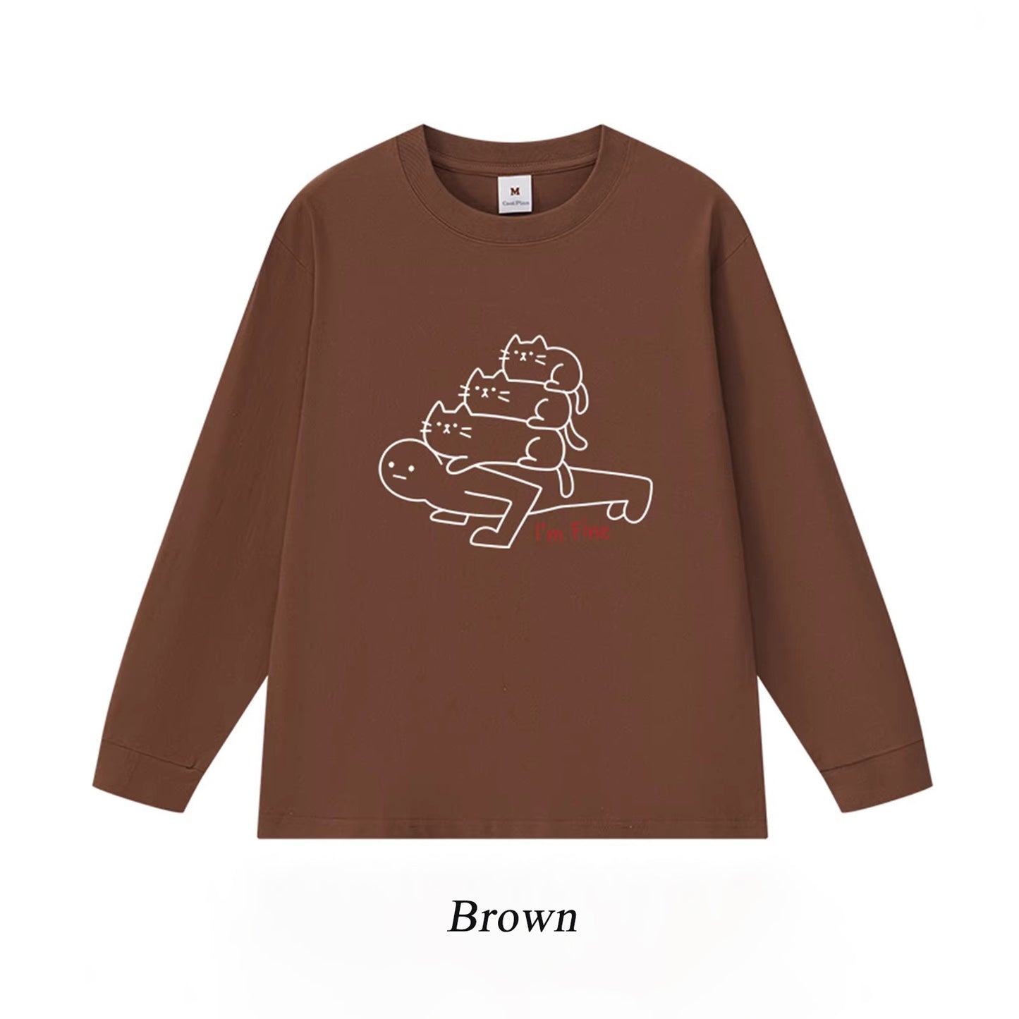 6カラー | S~3XL【トップス】猫からのプレッシャー プリント ロングTシャツ 春秋 ユニセックス ルーズ コットン【FCシリーズ】