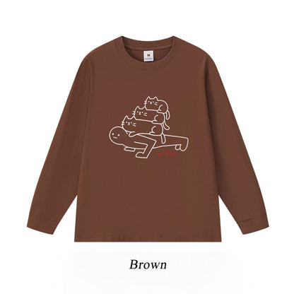 6カラー | S~3XL【トップス】猫からのプレッシャー プリント ロングTシャツ 春秋 ユニセックス ルーズ コットン【FCシリーズ】