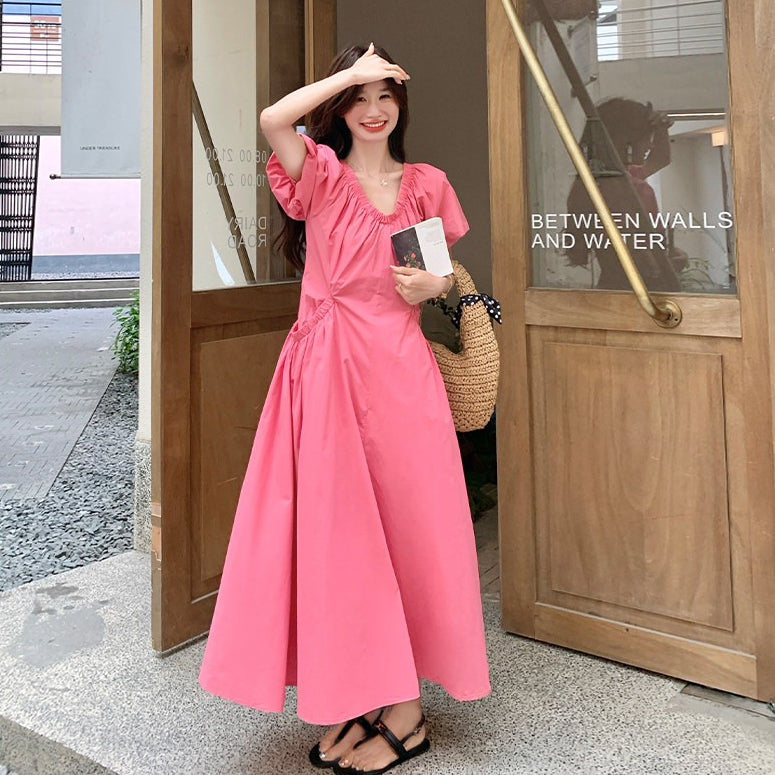 【ワンピース】パフスリーブ ワンピース レディース 夏 Vネック 半袖 ロングワンピース 細見え ウエストマーク 人気 フレンチ風【SHシリーズ】