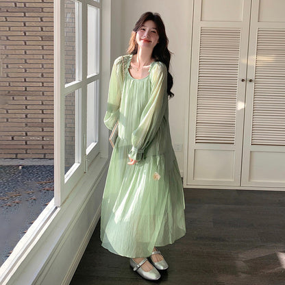 【ワンピース】グリーン フレンチ風ロマンティックワンピース新作 長袖 絶美ロングドレス【JZシリーズ】