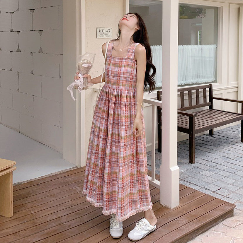 【ワンピース】チェック柄 キャミワンピース レディース 夏 ハイウエスト ノースリーブ ロングワンピース ゆったり 体型カバー 人気 フレンチ風【SHシリーズ】