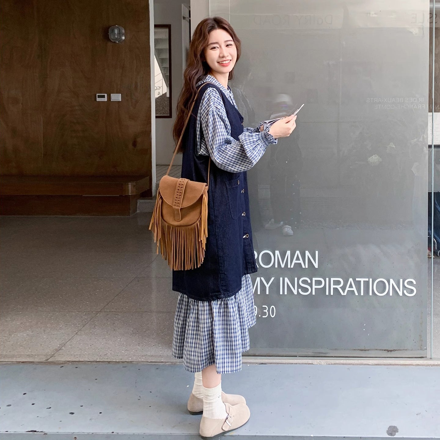 2点セット【セットアップ】韓国風 レトロ 学院スタイル デニム ジレワンピースセット レディース 2025年秋新作 チェック柄【SHシリーズ】