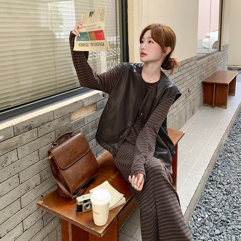 2点セット！【セットアップ】マラード風 おしゃれ レザーベスト＋ストライプワンピース セットアップ  春秋 韓国風 学院風【JZシリーズ】