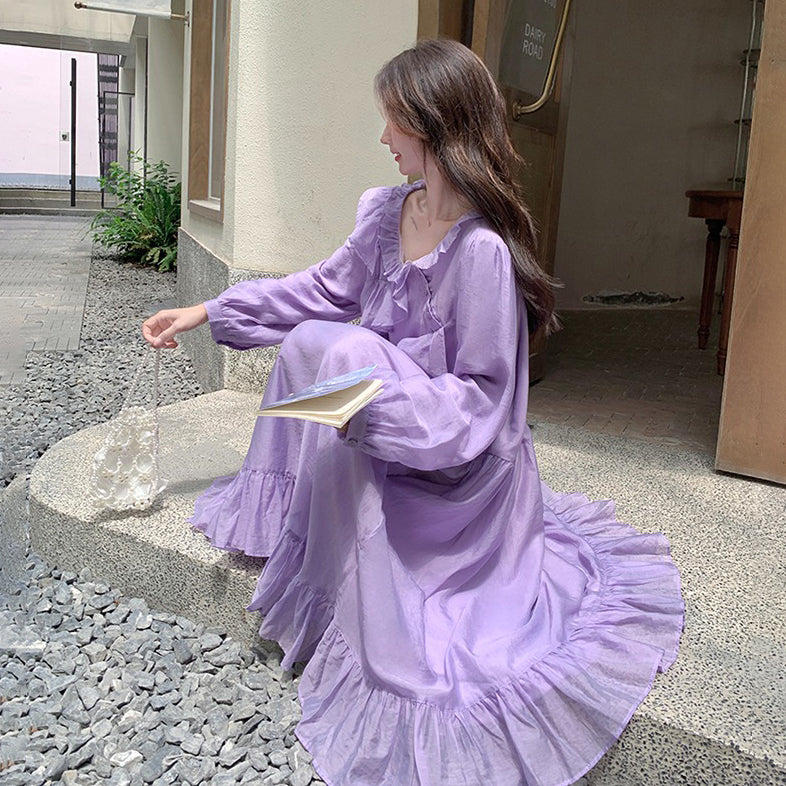 【ワンピース】パープル 超可愛い フリル 長袖ワンピース レディース 秋新作 デザイン感 優しい風 若見え ロングワンピ【JZシリーズ】