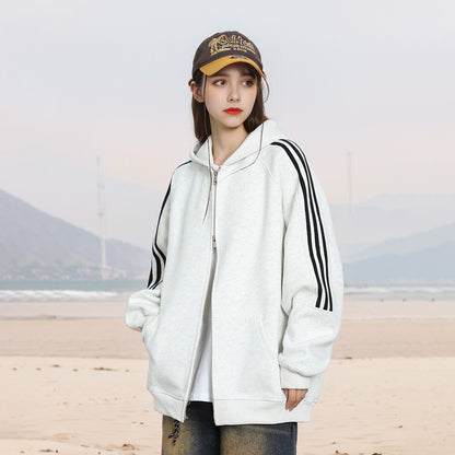 【アウター】ストリートブランド風 男女兼用 三本ライン フード付きパーカー レディース 春秋 新作 ゆったり ラグランスリーブ ジップアップ ジャケット【FCシリーズ】