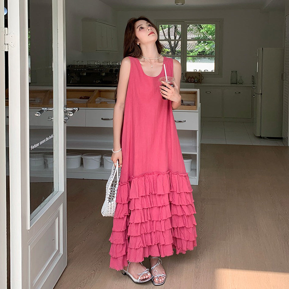 【ワンピース】夏 韓国系 気質 ケーキスカート フィリピンピンク ノースリーブ ワンピース