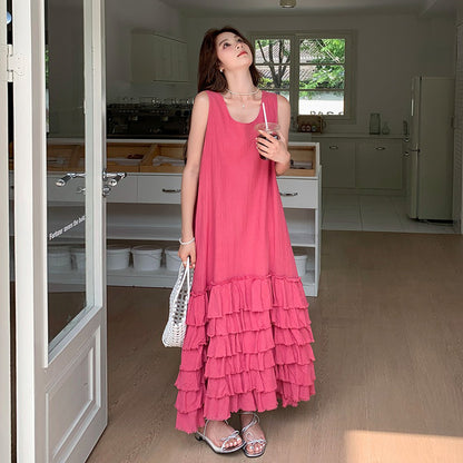 【ワンピース】夏 韓国系 気質 ケーキスカート フィリピンピンク ノースリーブ ワンピース