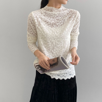 5カラー【トップス】韓国風オフィスカジュアル 大人可愛い レースインナー レディース ハーフハイネック テクスチャー感 Tシャツ【JZシリーズ】