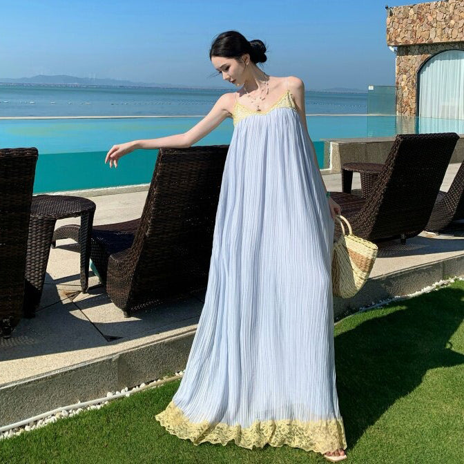 【ワンピース】海島リゾート風 シフォンキャミワンピース ふんわり大フレア ロング丈 海辺&旅行コーデ ノースリーブドレス【SHシリーズ】