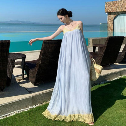 【ワンピース】海島リゾート風 シフォンキャミワンピース ふんわり大フレア ロング丈 海辺&旅行コーデ ノースリーブドレス【SHシリーズ】