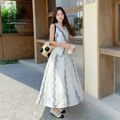 【ワンピース】気質 ノースリーブプリントワンピース 夏 韓国風 Vネック キャミロングドレス【SHシリーズ】