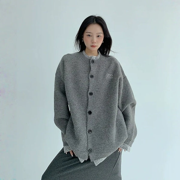 【アウター】春 秋 冬  厚手 フェイクレイヤード ボタン付き ニット ジャケット 【FCシリーズ】