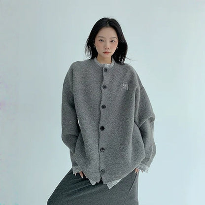 【アウター】春 秋 冬  厚手 フェイクレイヤード ボタン付き ニット ジャケット 【FCシリーズ】