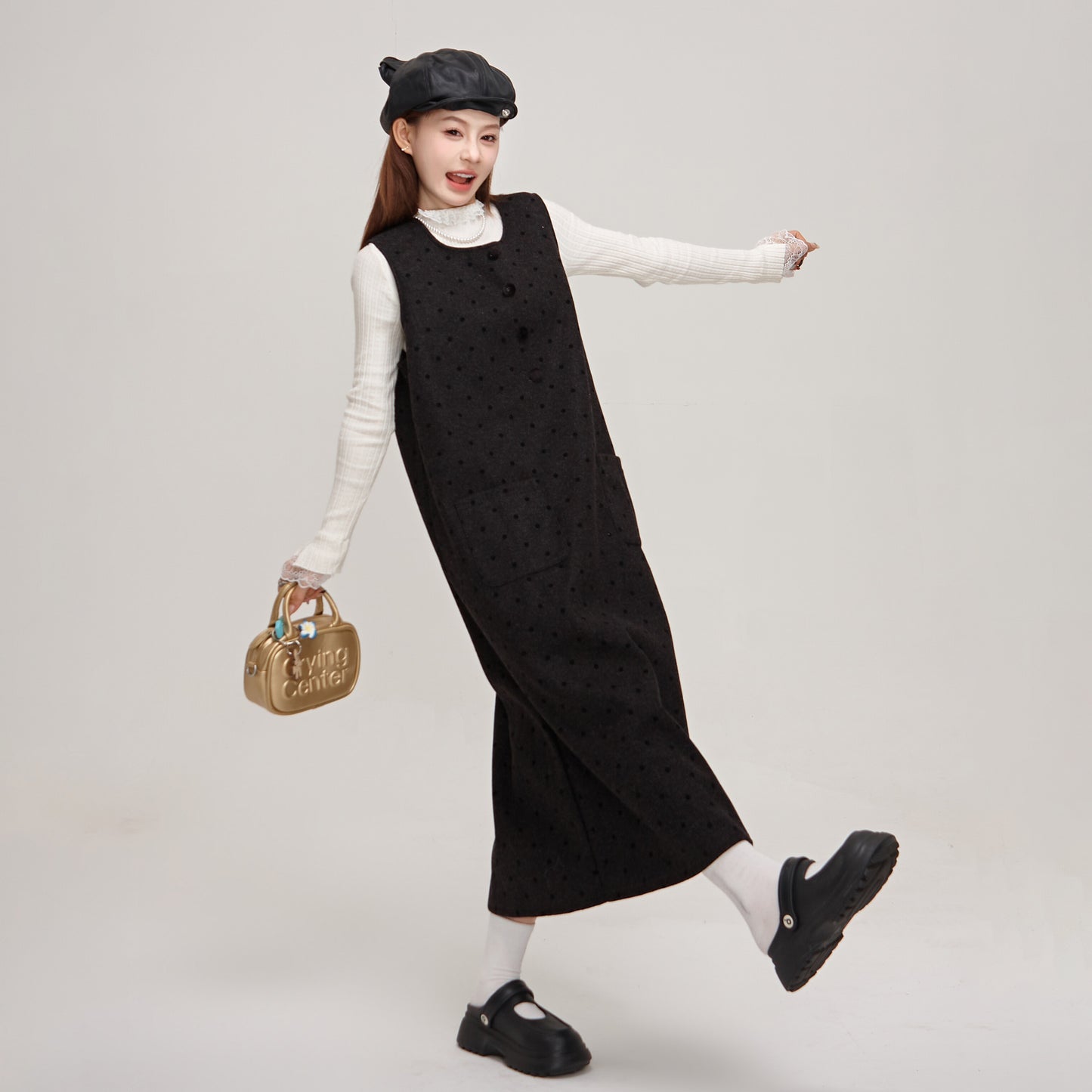 【ワンピース】デザイン重視♡ツイード×ドット柄 ノースリーブ ベストワンピース レディース 秋冬 高見え【JZシリーズ】