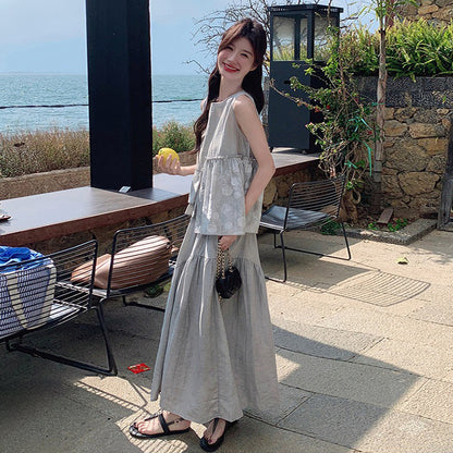 2点セット！【セットアップ】最近こればっかり着てる…♡ フリルベスト×スカート 上下セット グレー フレンチ風 夏リゾートコーデ きれいめ大人女子【JZシリーズ】