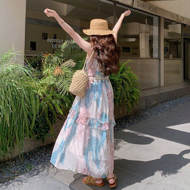 【ワンピース】花柄 ホルターネック ロング丈 ノースリーブワンピース 細見え 体型カバー 上品 リゾート 海外旅行 ビーチコーデ【SHシリーズ】