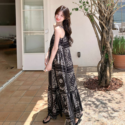 【ワンピース】夏 ブラック×エスニック風 大人上品ノースリーブ  キャミソールロングワンピース【SHシリーズ】