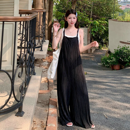 【ボトムス】夏 ヴィンテージ風タック入り ダブルストラップ ワイドサロペット オールインワン