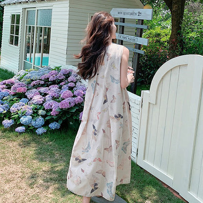 【ワンピース】蝶柄 花柄ノースリーブワンピース レディース 夏 ゆったり リゾート風 バックレス エレガントロングドレス【SHシリーズ】