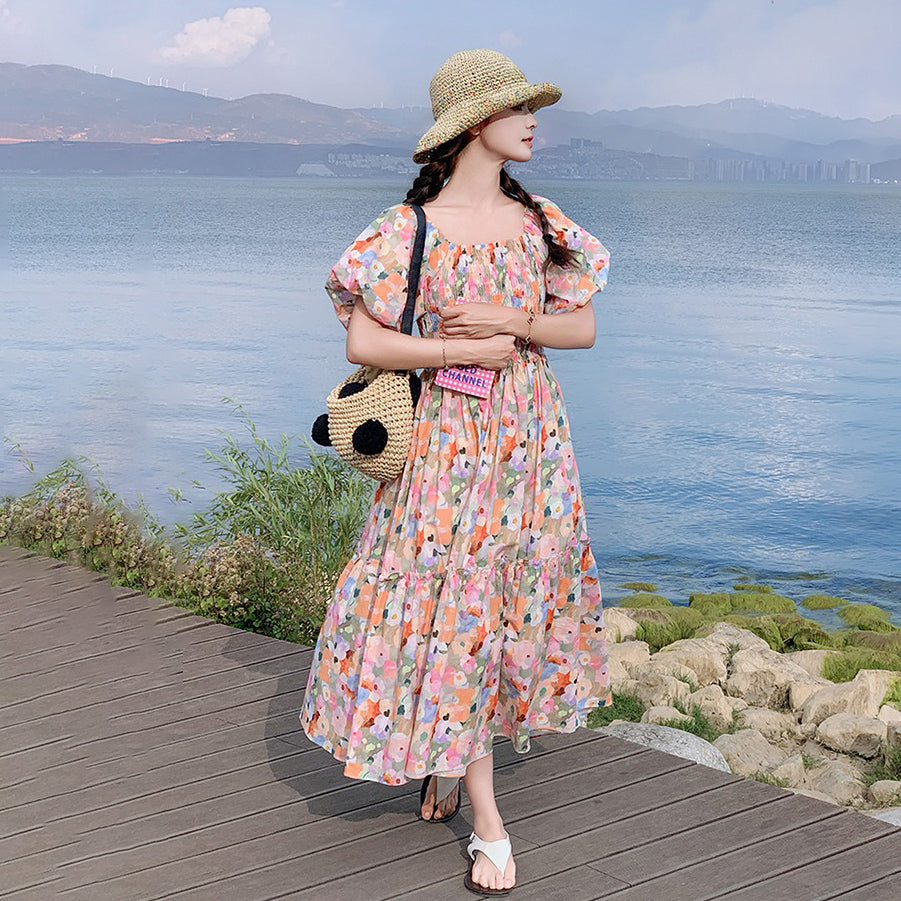 【ワンピース】ピンクプリント パフスリーブ 夏 カントリー風 半袖ワンピース【SHシリーズ】