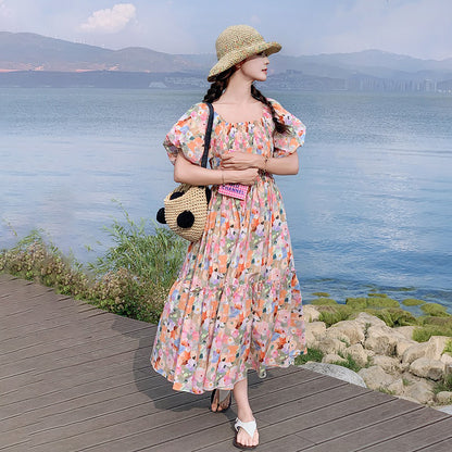 【ワンピース】ピンクプリント パフスリーブ 夏 カントリー風 半袖ワンピース【SHシリーズ】