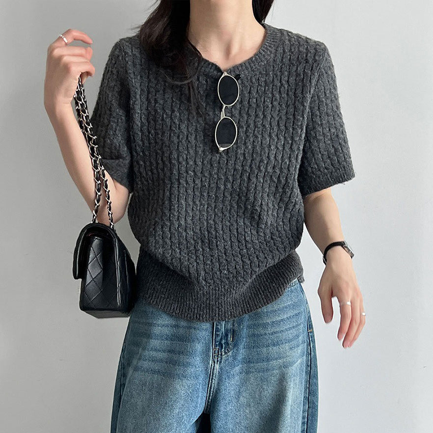 【トップス】韓国系 ニットTシャツ レディース 編み柄デザイン 半袖 細見え シンプルブラウス【JZシリーズ】