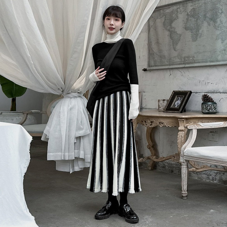 【ボトムス】配色ストライプ フリンジ ニット ワイド スカート 秋冬コーデしやすい Aライン ロングスカート【JZシリーズ】