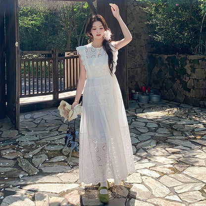 【ワンピース】夏 重工レース刺繍 ハイウエストで細見え ノースリーブワンピース