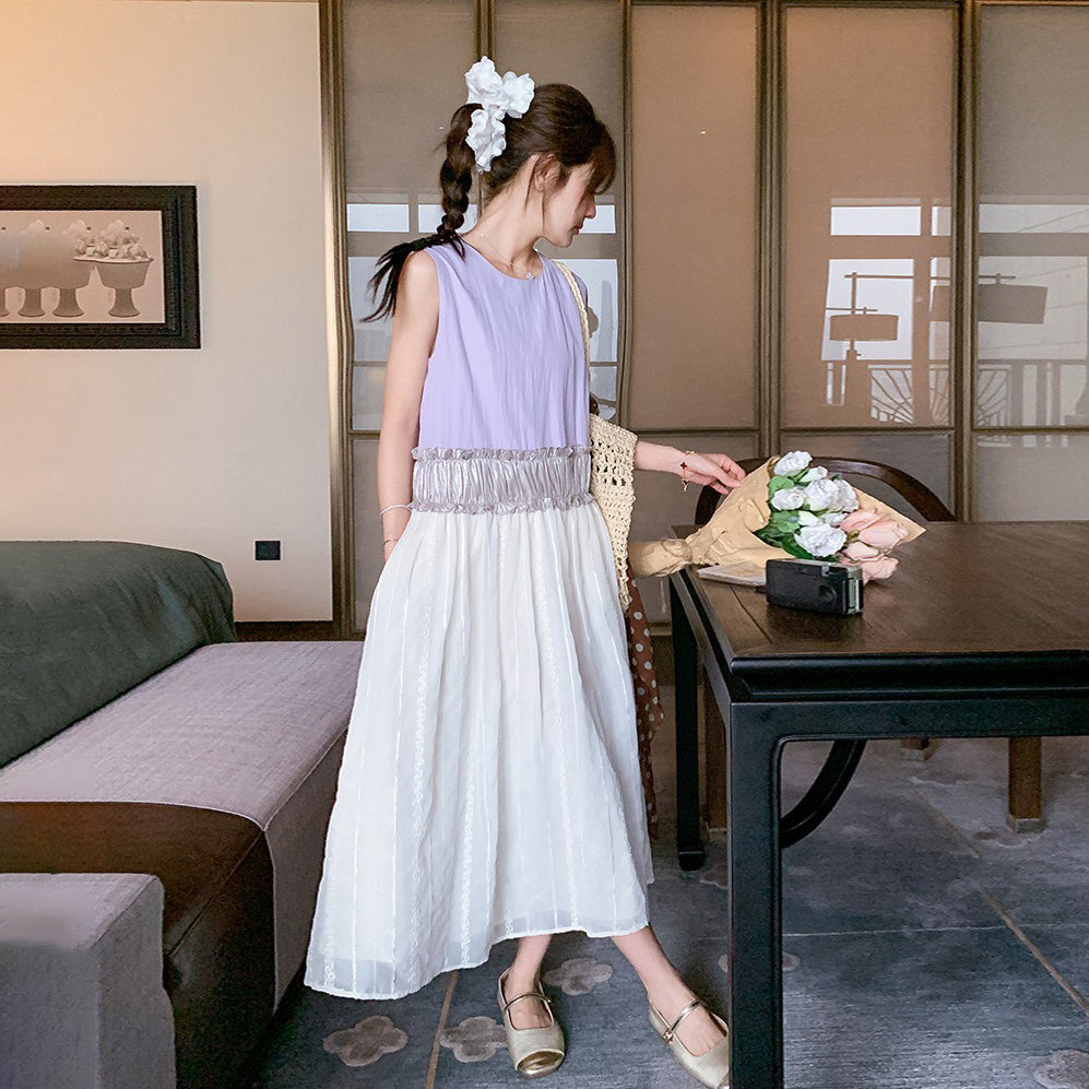 【ワンピース】韓国風  夏 シンプル  ゆったり 配色 ノースリーブワンピース