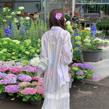 【アウター】リボンストライプ UVカットシャツ 春夏 韓国風 ゆったり スイート【SHシリーズ】