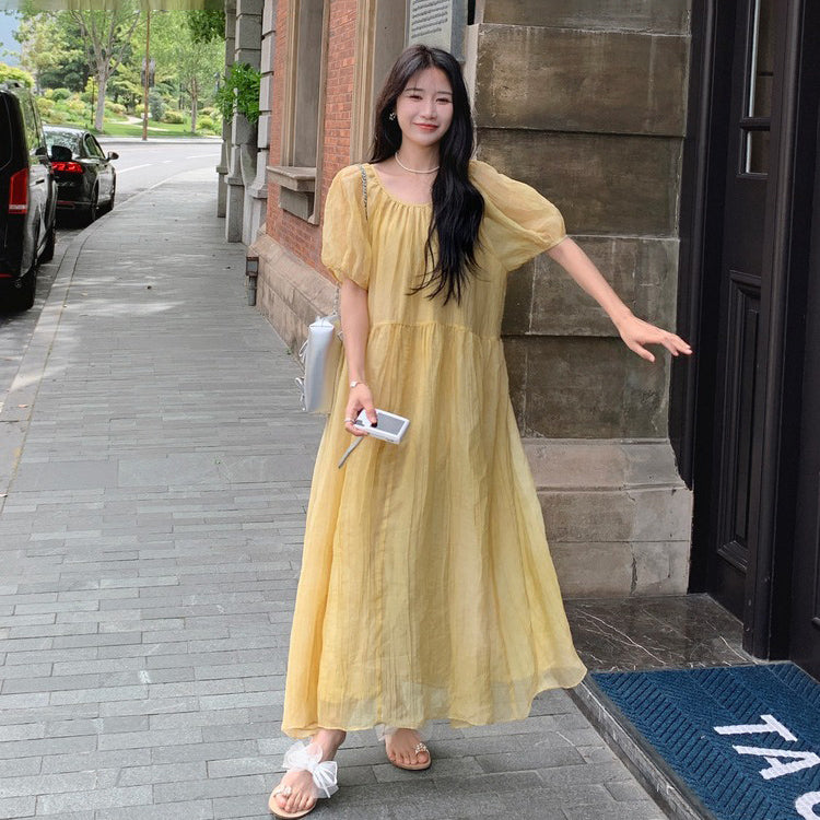 【ワンピース】イエロー ロングワンピース 夏 ゆったり バックシャン リボンデザイン 体型カバー リゾートドレス【JZシリーズ】
