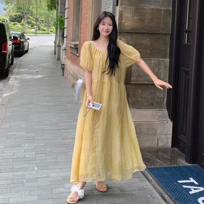 【ワンピース】イエロー ロングワンピース 夏 ゆったり バックシャン リボンデザイン 体型カバー リゾートドレス【JZシリーズ】