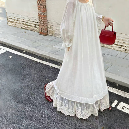 【ワンピース】7カラー 韓国風 ゆったり大きめサイズ オフショルダー レース スウィート ドレス 長袖ワンピース