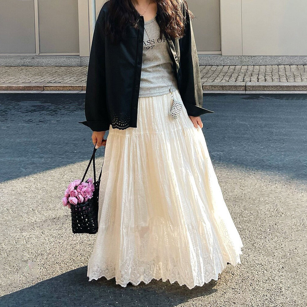 【ボトムス】春夏新作 レディース レースAラインスカート ハイウエスト ミモレ丈 体型カバー 切り替え リゾート風【JZシリーズ】