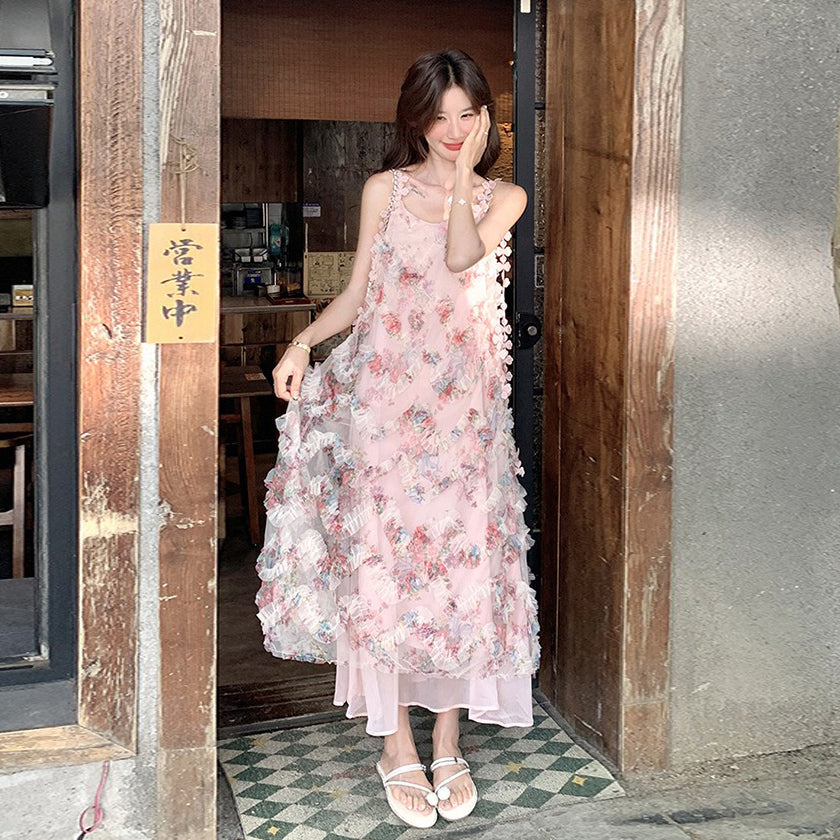 ワンピース】ピンクロマンチック風 立体フラワー花柄 ノースリーブ