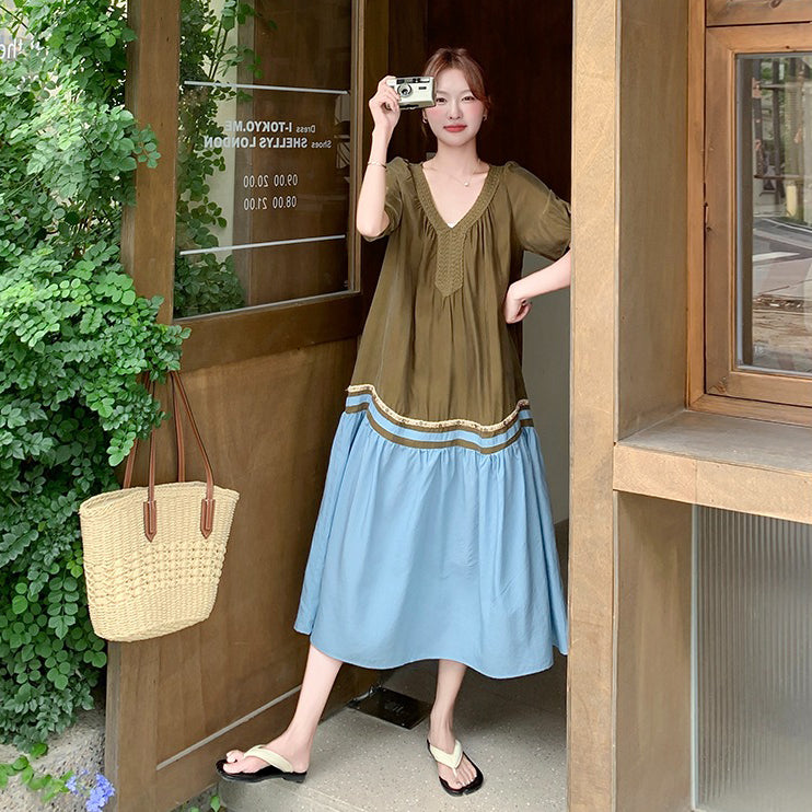 【ワンピース】夏 フレンチ ヴィンテージ  大人可愛い 配色 半袖ワンピース レディース 気質 若見え 超美しい Aラインロングドレス【JZシリーズ】