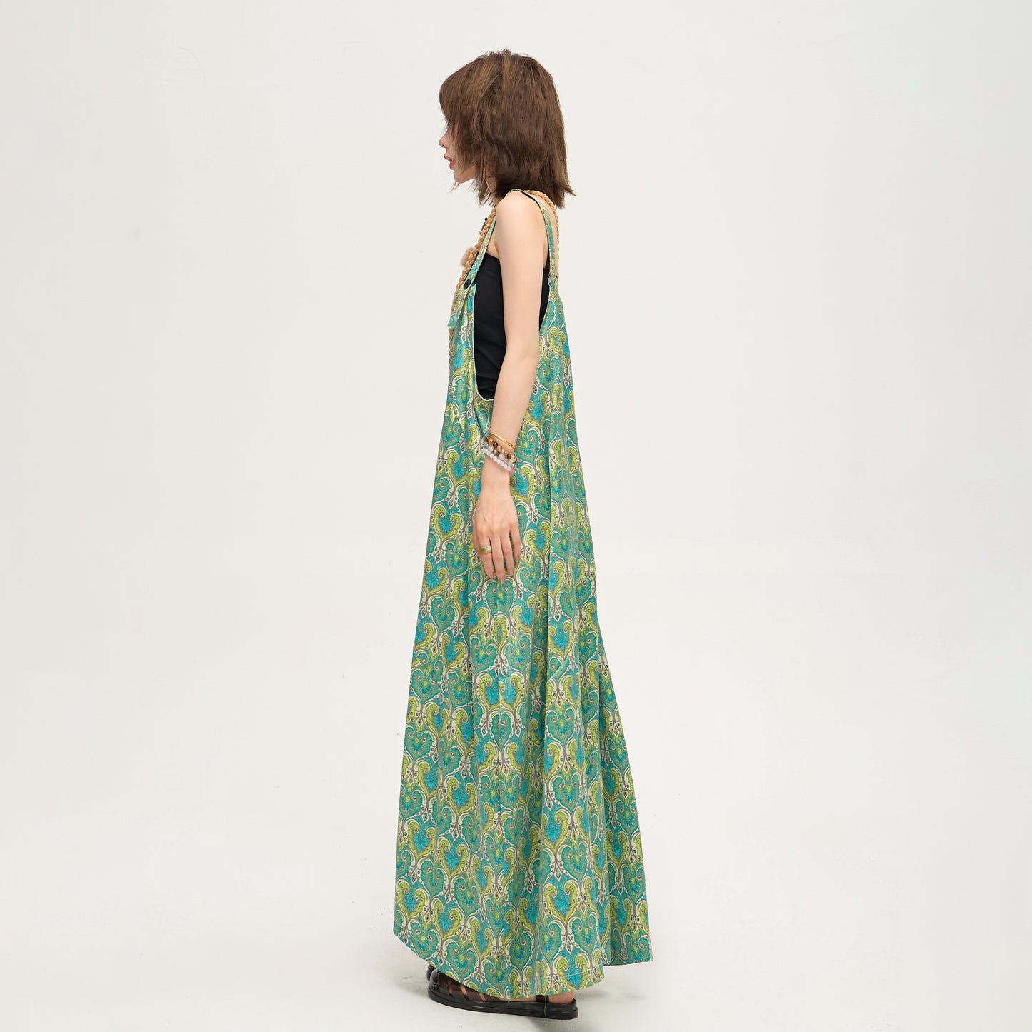 【ボトムス】フレンチレトロ感 清涼感たっぷり Vネックワイドサロペット ミントブルーグリーン オールインワン【SHシリーズ】