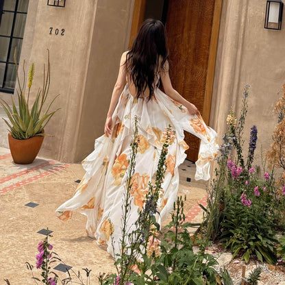 【ワンピース】フレンチ ホルターネック ベアトップ ノースリーブドレス｜バックレス リボン 2026新作｜海辺 ビーチ リゾート ロング丈 映えワンピース【SHシリーズ】